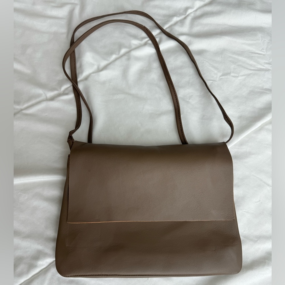 Small Leather Should or Crossbody Bag in Dark Taupe with Storage Bag